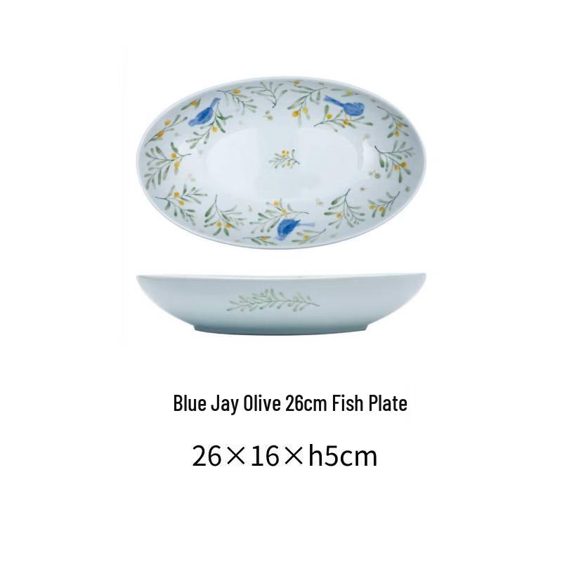Japanese Style Blue Sparrow Olive Ceramic Fish Plate