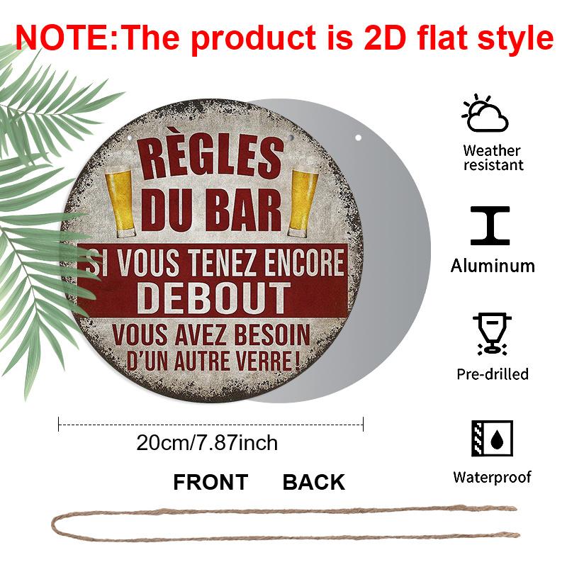 2D Flat, 1pc 2D Flat, 7.87x7.87 Inch Round French Aluminum Sign, Vintage "Bar Rules" Decorative Plaque, Bar Decor Sign for Restaurants, Bars, Cafes