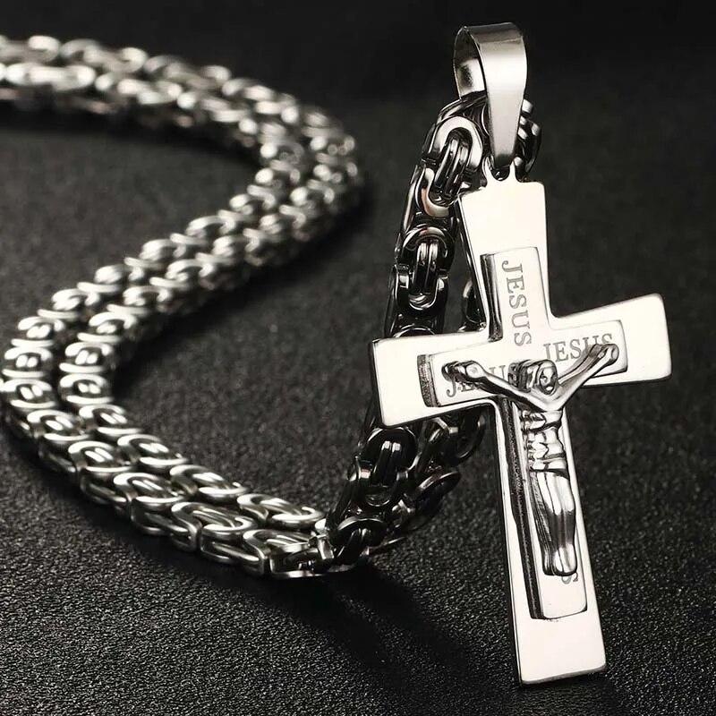 Catholic Jesus Christ Cross Pendant Necklace Stainless Steel Long Byzantine Chain Crucifix Cross Necklace