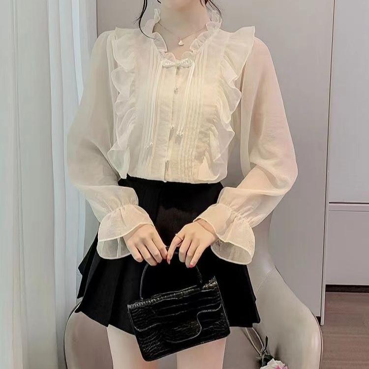 Pavasara modes vintage ķīniešu pogas franču stila šifona blūze