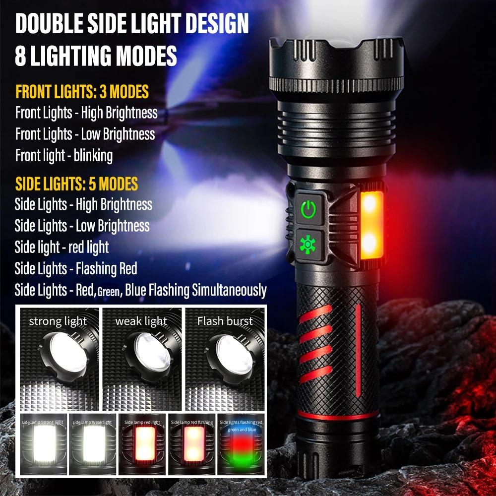 Portable Powerful LED Flashlight COB Side Lamp Long-range Aluminum Alloy Torch Type-C Rechargeable For Outdoor Hiking Fishing