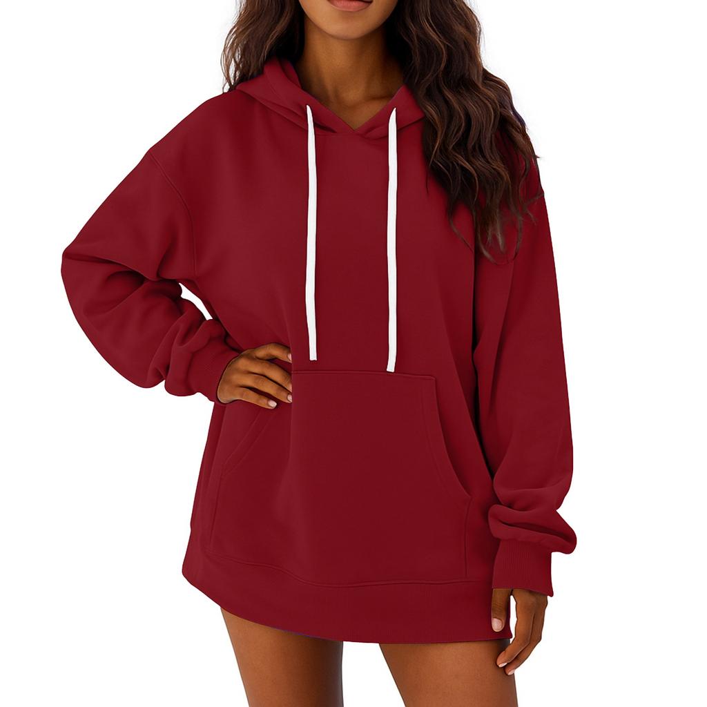 Women's Solid Color Long Sleeved Loose Casual Mid Length Pullover Hoodie Sweatshirt