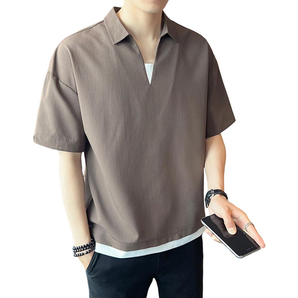 Sommer Herrenhemd V-Ausschnitt Revers Einfarbig Fake Zweiteiler Eisseide Kurze Ärmel Lockerer Pullover Dehnbar Lässiges Alltags-T-Shirt Spo