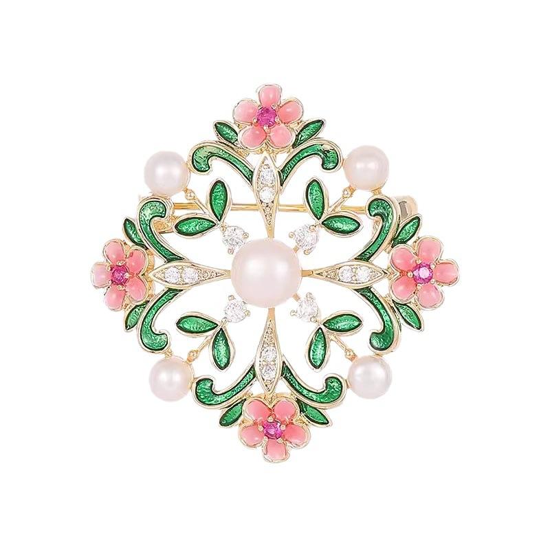 Temperament Brocade Brooch High-End Female Delicate Pearl Flower Brooch Anti-Light Buckle Pin Clothing Accessories