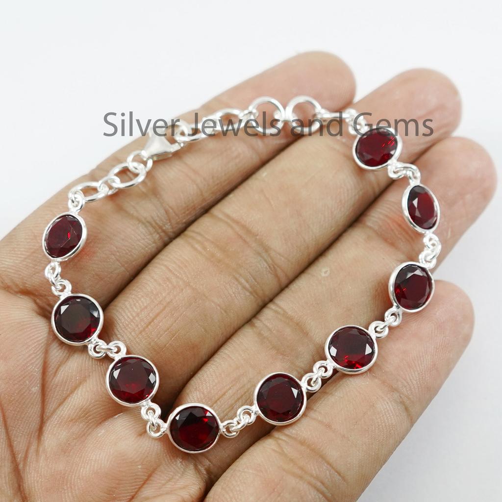 Round Garnet Bracelet, 925 Sterling Silver Bezel Bracelet
