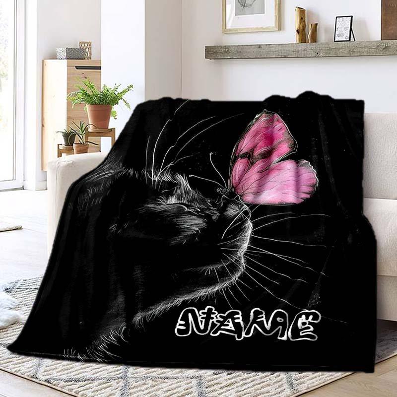 Black Cat And Butterfly Customize Your Name Blanket Used For Chair Office Sofa Bed Camping Soft And Warm Giving Friends And Relatives Birthday