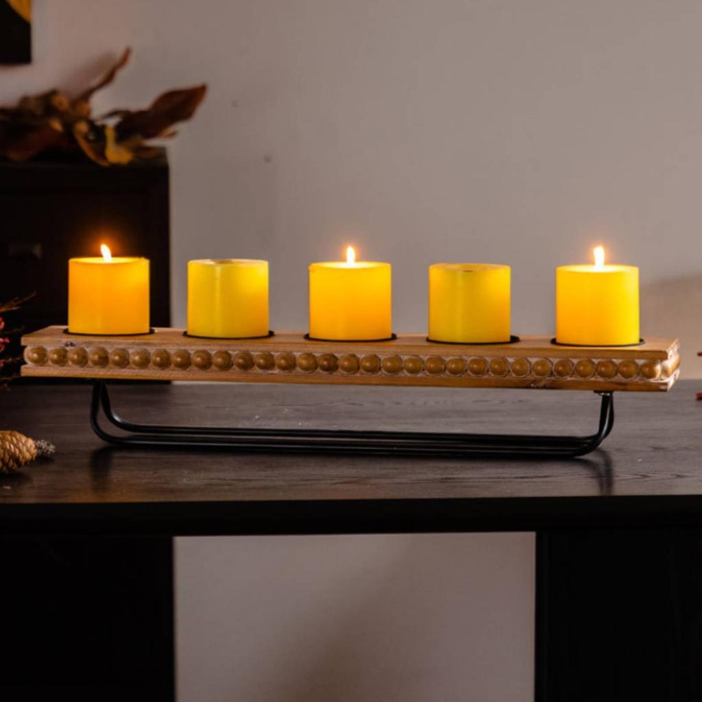 Carved Wood Candle Holder with Circular Sockets Firmwood Metal Frame Sturdy