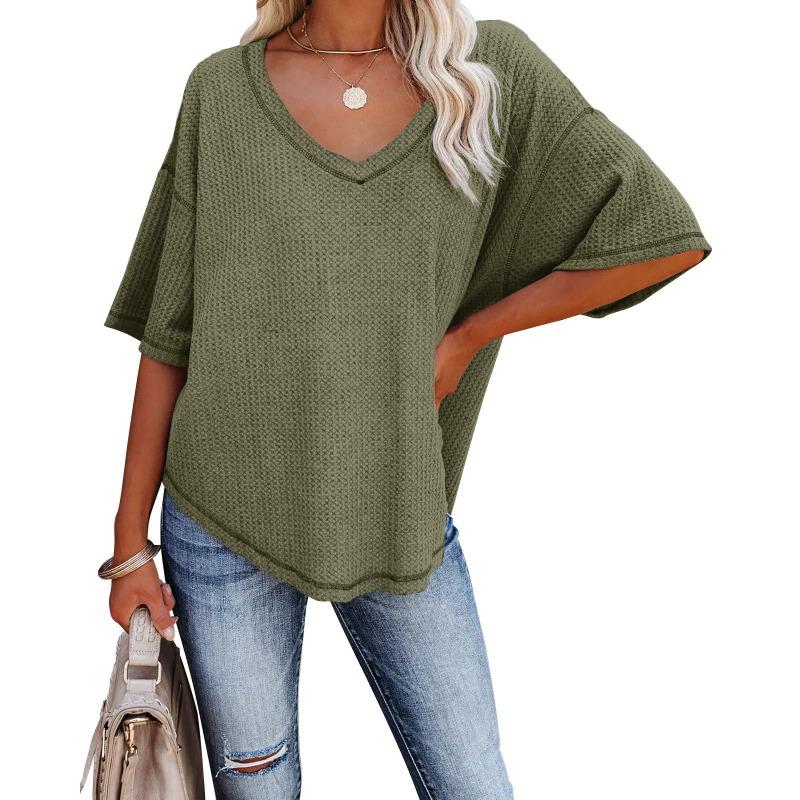 Summer Women's T-shirt V-neck Waffle Casual Loose Short-sleeved T-shirt