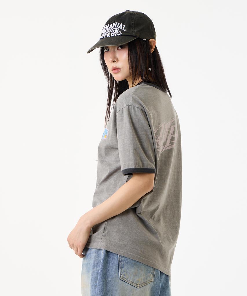 UNKNOWN PLANET [Unp] Pigment-Dyed Graphic Ringer T-Shirt Gray