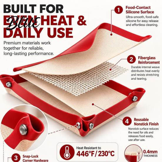 Convertible Grill Pan Mat Silicone Baking with Corner Clips Reusable Pastry Rolling Dishwasher Safe Roasting Mat Kitchen Countertop Protector