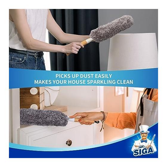 MR.SIGA Lint-Free Dust Remover Bamboo Handle Replaceable Head Washable Microfiber Duster for Home Cleaning