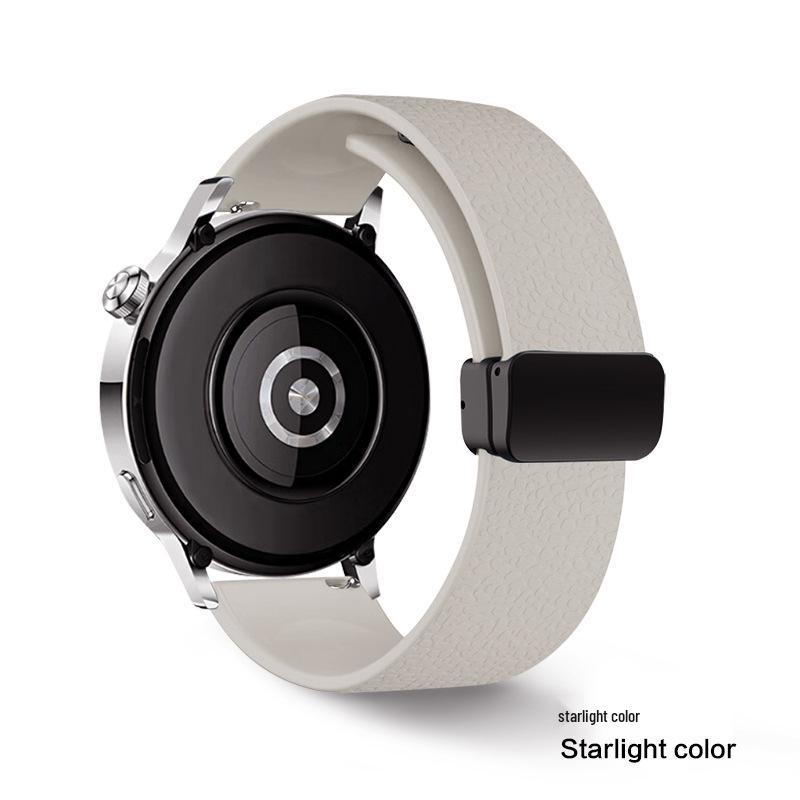 Magnetic Silicone Folding Buckle Watch Strap for Huawei GT5, Samsung 22/18mm with Lychee Pattern.