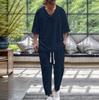 Men's Cotton Linen V-Neck T-Shirt & Long Pants Beach Set - Spring/Autumn Casual Wear