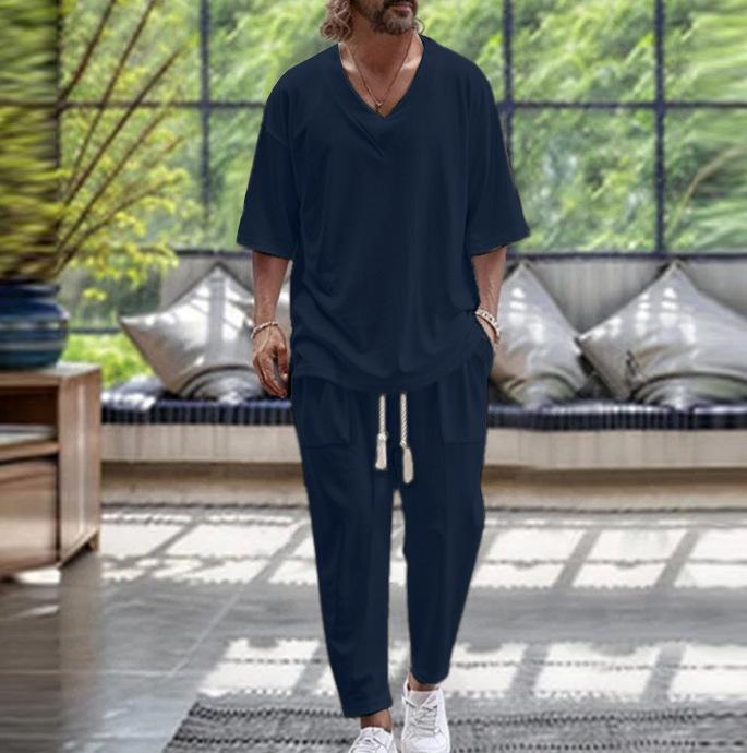 Men's Cotton Linen V-Neck T-Shirt & Long Pants Beach Set - Spring/Autumn Casual Wear