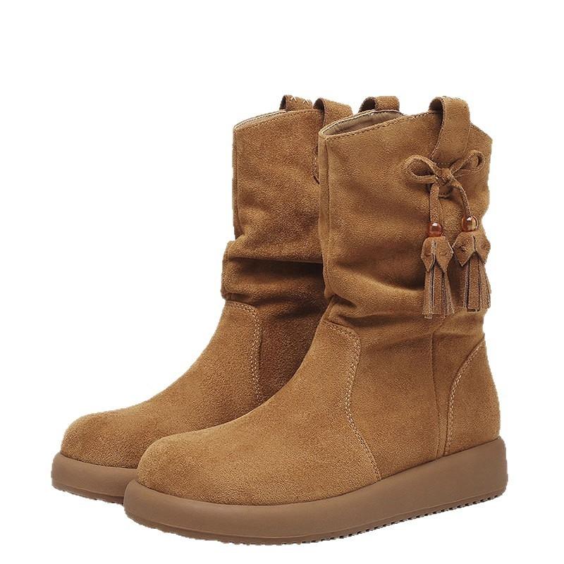 Cowhide Version Brown Boots Women's Medium Boots Pleated Stacking Boots Autumn and Winter New Martin Boots Women's