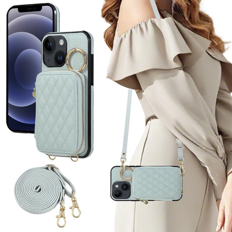 For iPhone 7/8 Plus/XR/Xsmax/11 Pro/12 Mini Fashion Zipper Style Phone Case Wallet Cover with Strap