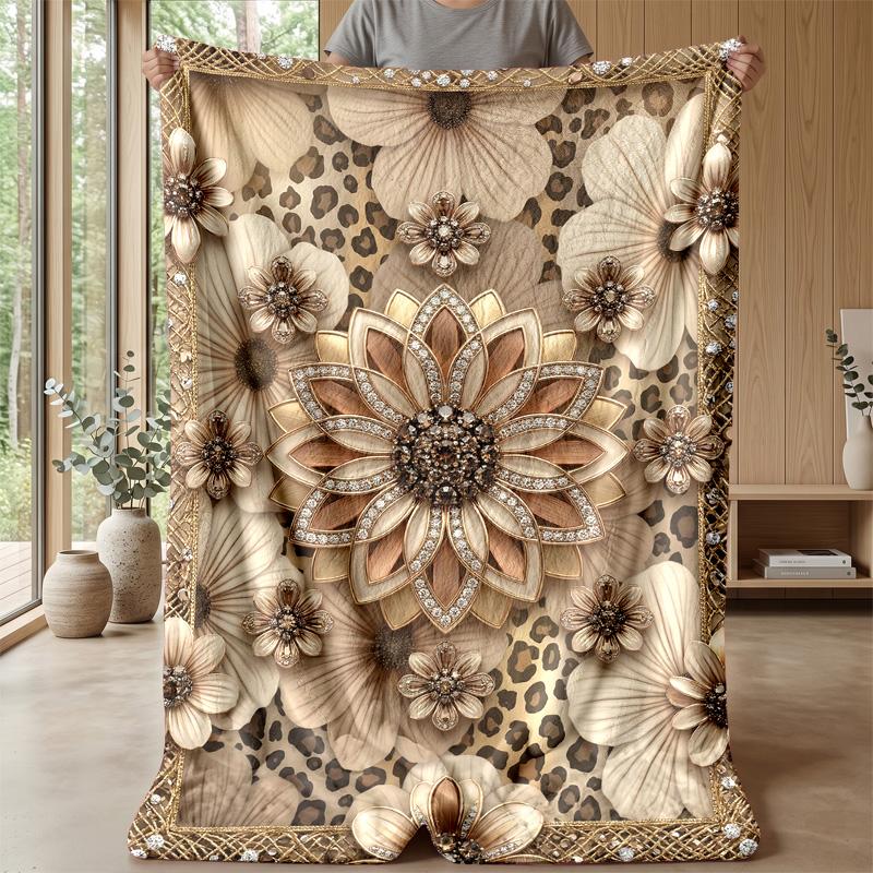 Gold Glitter Leopard Roses Theme Blanket Lightweight Warm Flannel Blanket Decorative Throw Blanket for Home Decoration