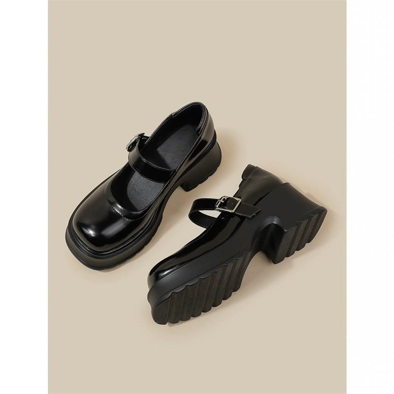 Mary-Jane-Schuhe aus echtem weichem Leder mit dicker Sohle für Damen, High Heels im französischen Stil, kleine, die Höhe erhöhende Lederschuhe