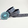 Boho Belt Rose Flower Carved Pattern Faux Turquoise Decor Vintage Western Belt Snap Button Imitation Leather Waistband
