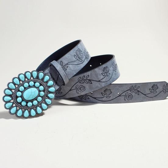 Boho Belt Rose Flower Carved Pattern Faux Turquoise Decor Vintage Western Belt Snap Button Imitation Leather Waistband