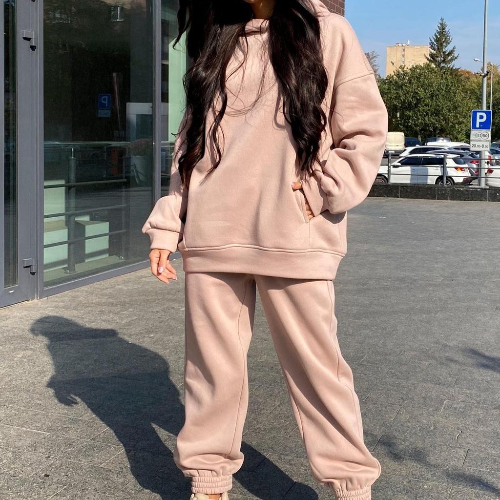 2023 Women's Fashion Solid Color Hooded Sweatshirt & Casual Two-Piece Set for Autumn/Winter