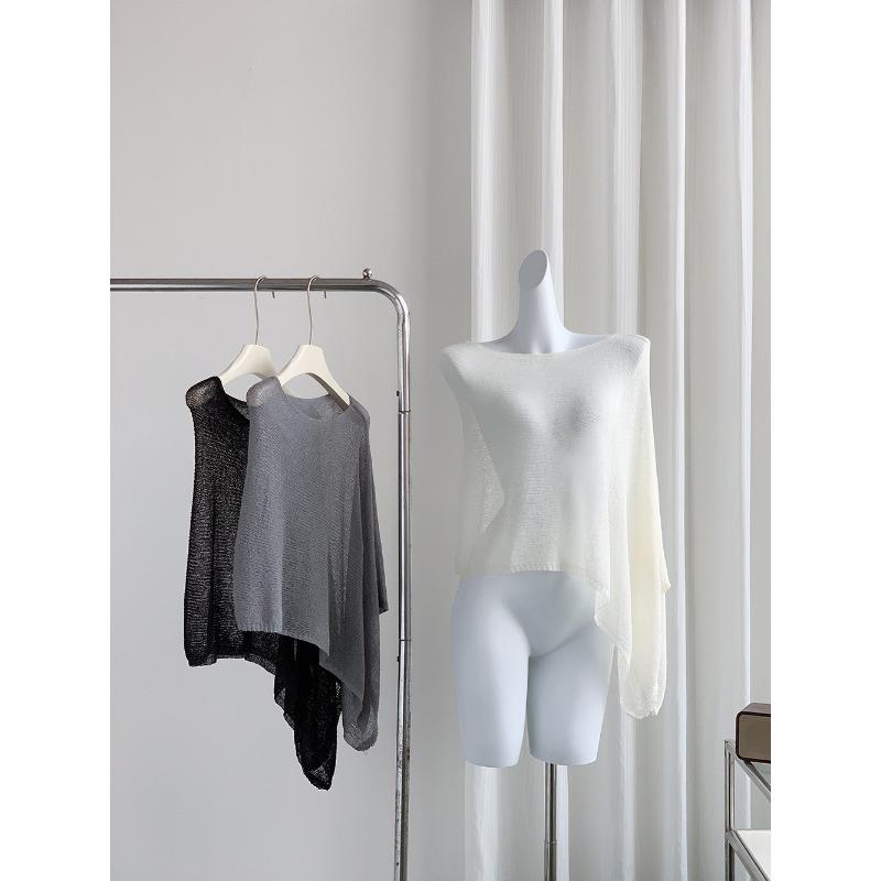 New Irregular Cape Shawl Sunscreen Shirt Women's Spring and Summer Loose Cover Up Thin Ice Silk Knitted See Through Top Casual Simple Solid Clothing