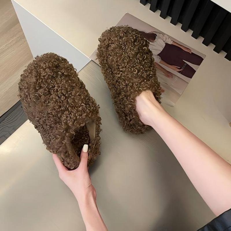 Chunky Platform Curly Plush Slide Slippers Women's 2026 Autumn Winter Warm Height Increasing Cotton Shoes for Indoor Comfortable