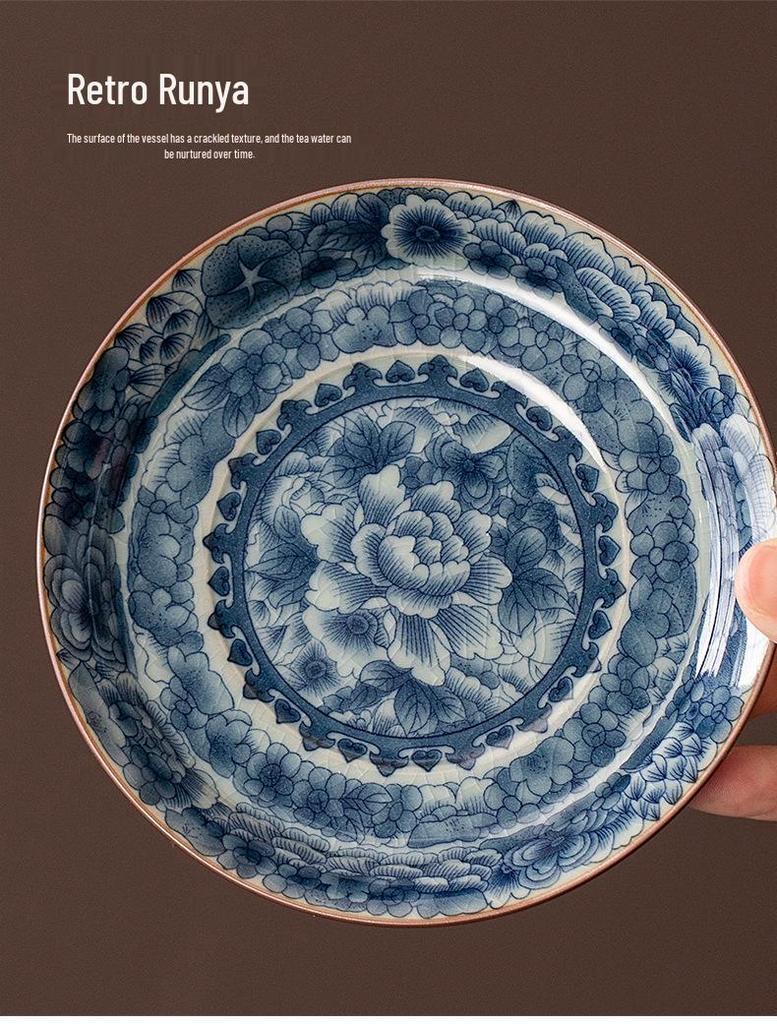 Antique Sancai Blue & White Gaiwan Kung Fu Tea Set: Cultivable Crackle Ceramic Tea Bowl & Large Cup