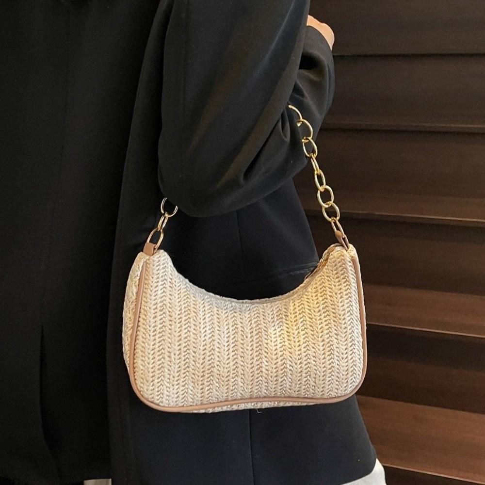Square Weave Underarm Bag Zipper Clutch Bag Portable Beach Handbag Outdoor