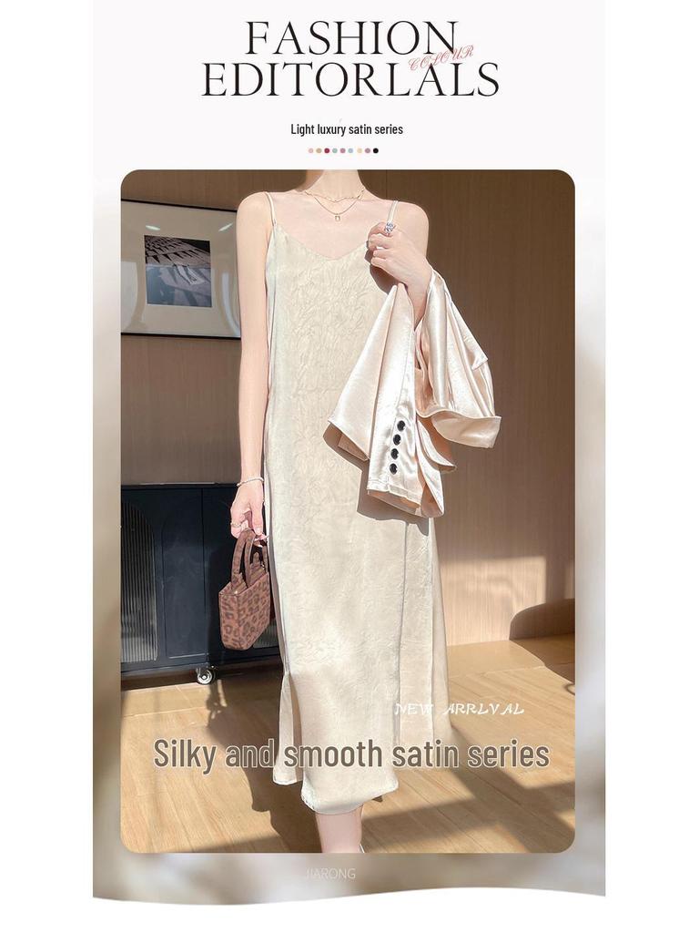 Elegant Solid Color Flower Acetate Satin V-Neck Spaghetti Strap Summer Dress for Women