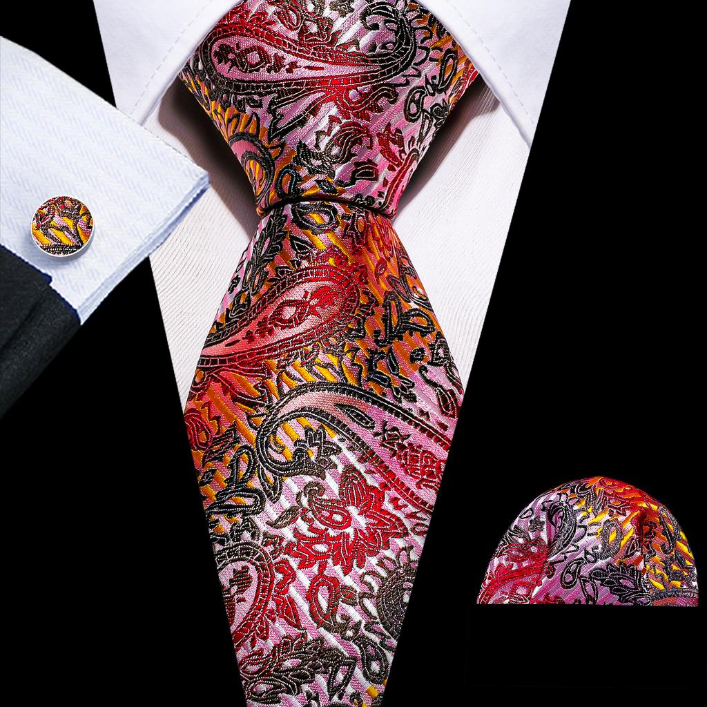 Barry.Wang Floral Ties for Men Woven Paisley Wedding Necktie Handkerchief Cufflinks Formal Casual Set