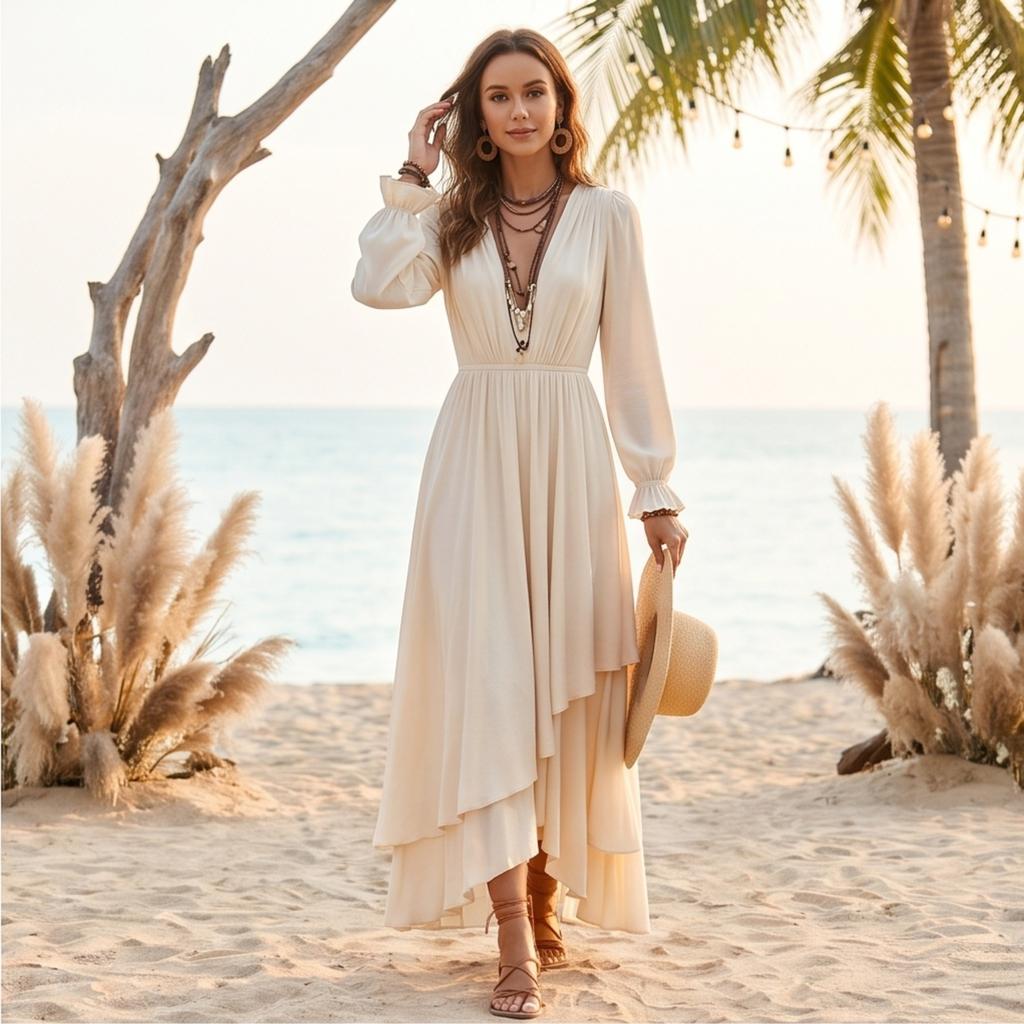 Women's Color Chiffon V Neck Long Sleeve Bohemian Dress with Asymmetrical Ruffle Hem