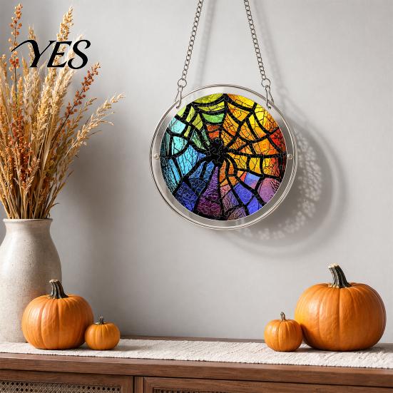 Transparent Stained Glass Halloween Acrylic Puzzle Decor, 2D Ghost Pumpkin Skeleton Hanging Sign, Faux Holiday Spooky Decorations for Party