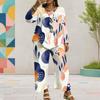 Women Plus Size Printed Round Neck Long Sleeve Layered Top Wide Leg Cropped Pants Two Piece Set