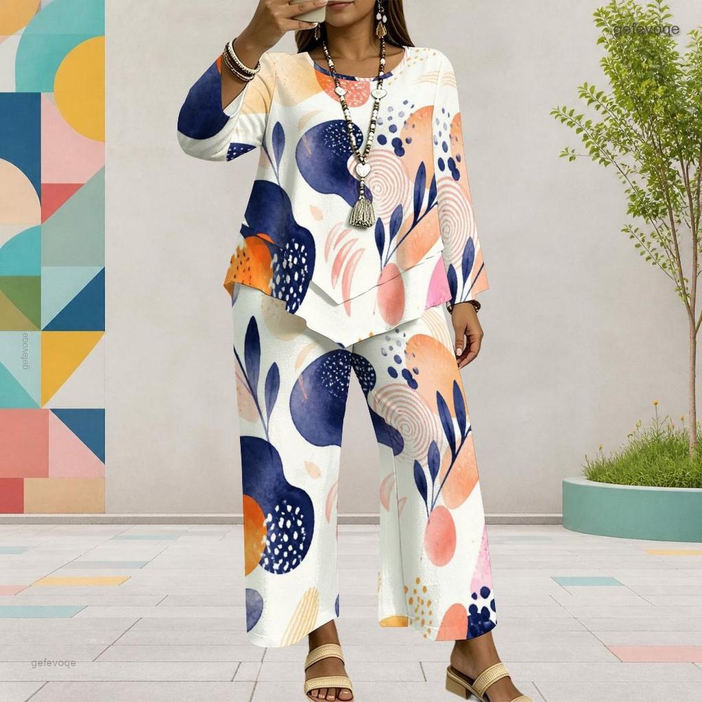 Women Plus Size Printed Round Neck Long Sleeve Layered Top Wide Leg Cropped Pants Two Piece Set