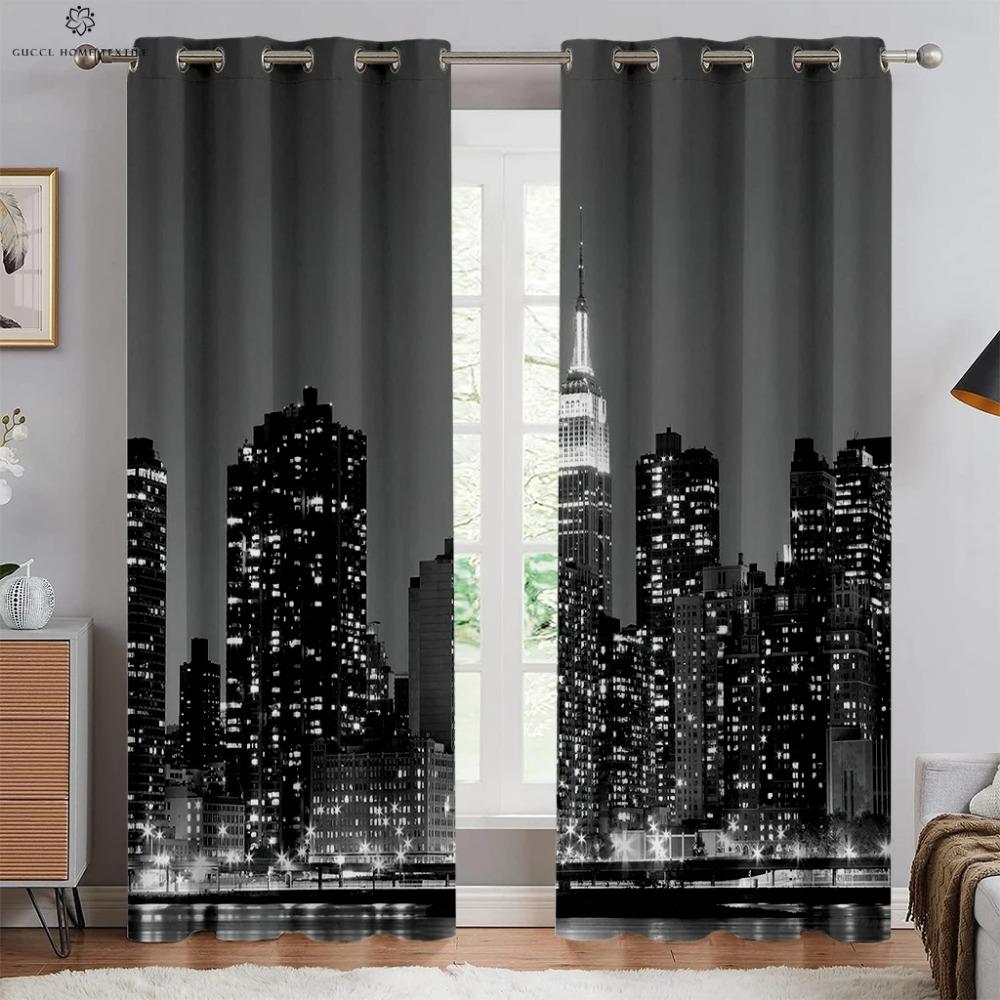 City Building Night View Seaside 3d Printed Curtains Living Room Kitchen Bedroom Decorative Curtains Easy To Wash And Care 2 Pcs