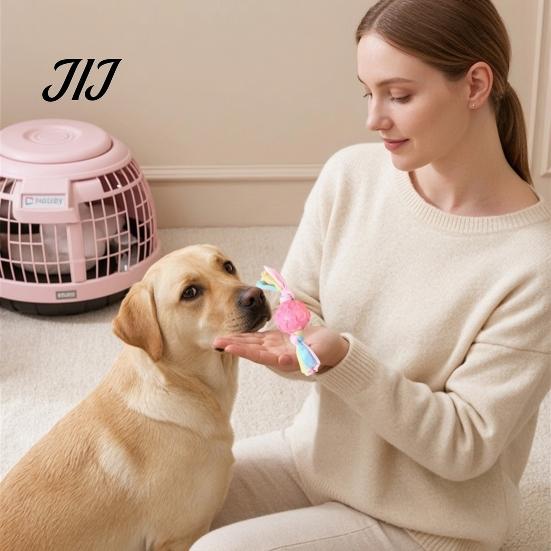 Interactive Pet Training Tool Dog Tug Toy, Rubber Ball Chew Toy with Fabric Strips, Macaron Color Puppy Toys Teeth Cleaning for Small Dogs Dental