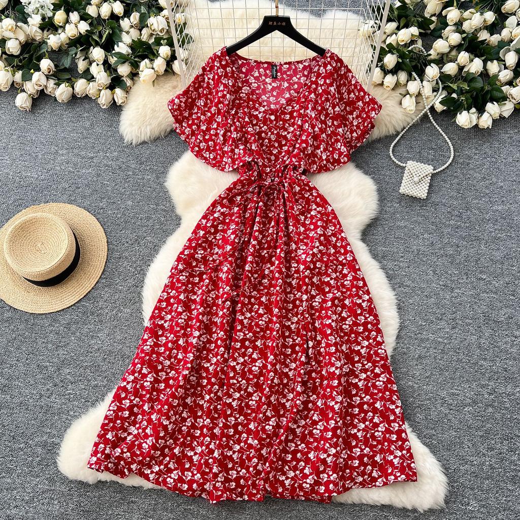 Tea break retro floral skirt summer strap waist V-neck lotus leaf sleeve slimming temperament knee dress