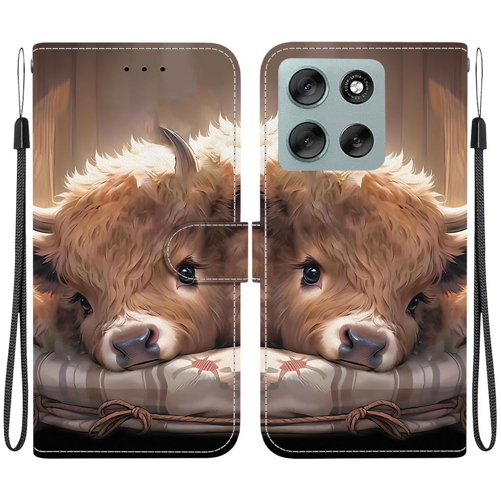 Handmade PU Leather Flip Case for Motorola Moto G56 Anti-Slip Shockproof Cover with Wrist Strap & Heart/Rose Cat Designs