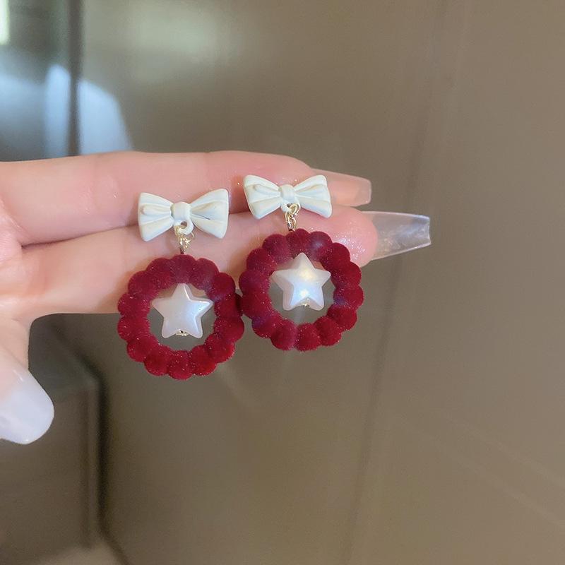 French Burgundy Love Petal Fringed Earrings Niche Fashion Trendy Stud Earrings Earrings Women