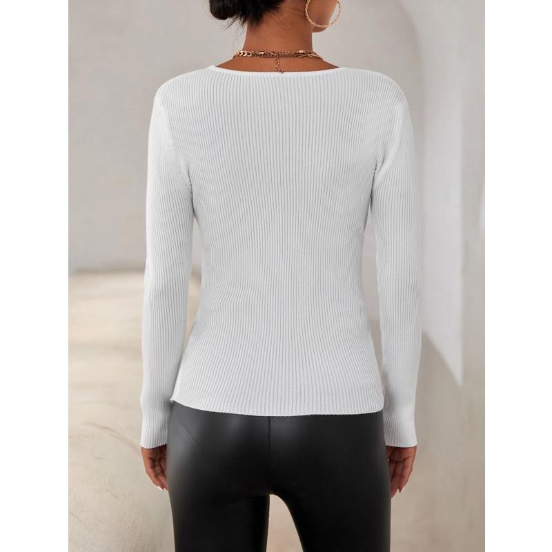 Damen Pullover, modisch, schlank, lässig, einfarbig, langärmelig, V-Ausschnitt, Wickeloptik, gerippter Strickpullover
