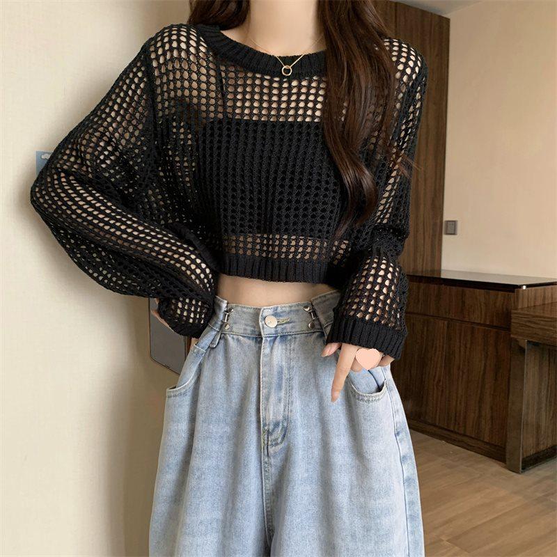 Dámský lehký prolamovaný kardigan s ochranou proti slunci - Móda jaro/léto 2025, Volný střih, Krátký zeštíhlující přehoz