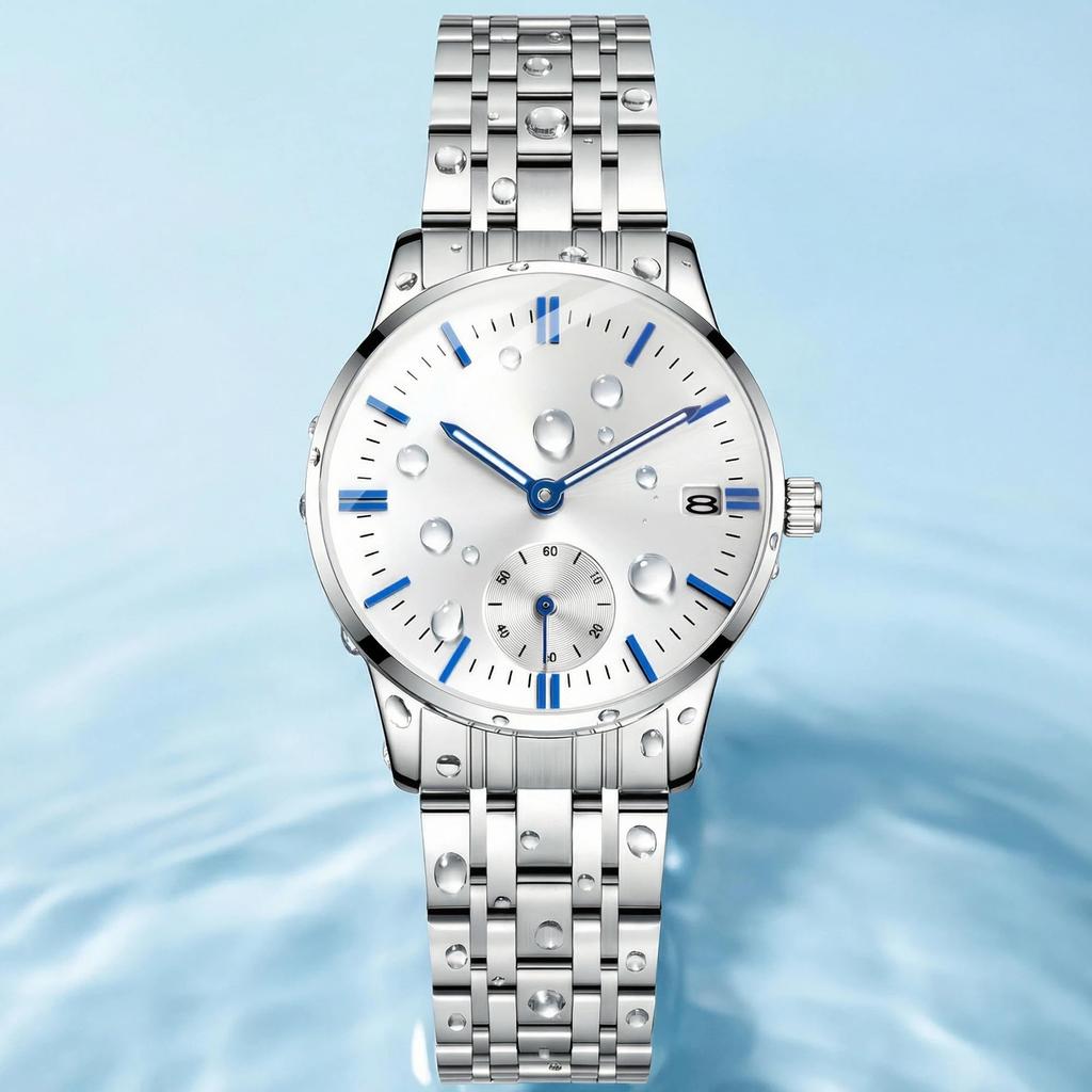 Waterproof quartz watch with stainless steel strap and date display women's (white)