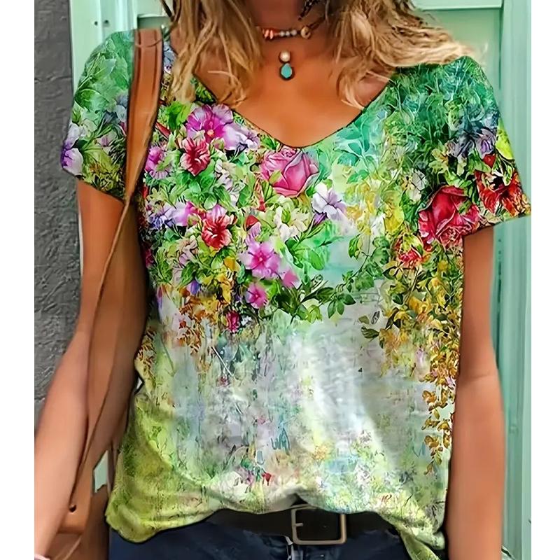 Fashion Flower Painting Blouses Short Sleeved V-Neck T Shirts Casual