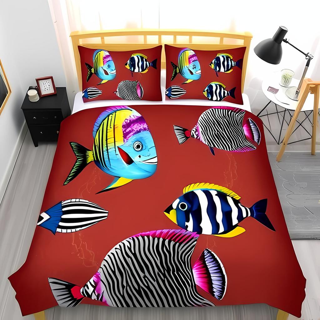 Fishing Queen Duvet Cover Set Vibrant Blue With Cartoon Fish Water Splatter Design Perfect For Fishing Lovers Warm And Soft