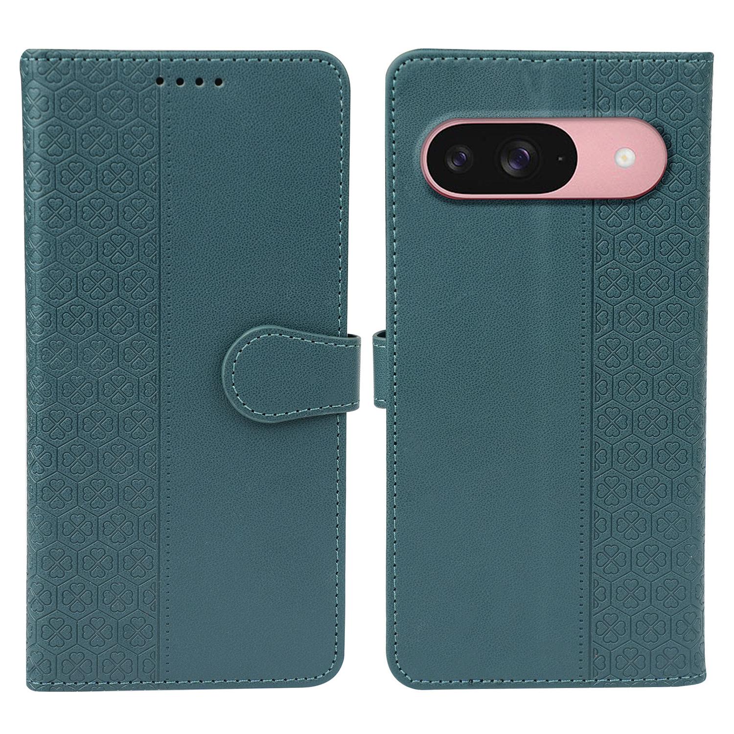

For Google Pixel 9/Pixel 9 Pro Case Magnetic Clasp Four Leaf Clover Leather Phone Cover Green