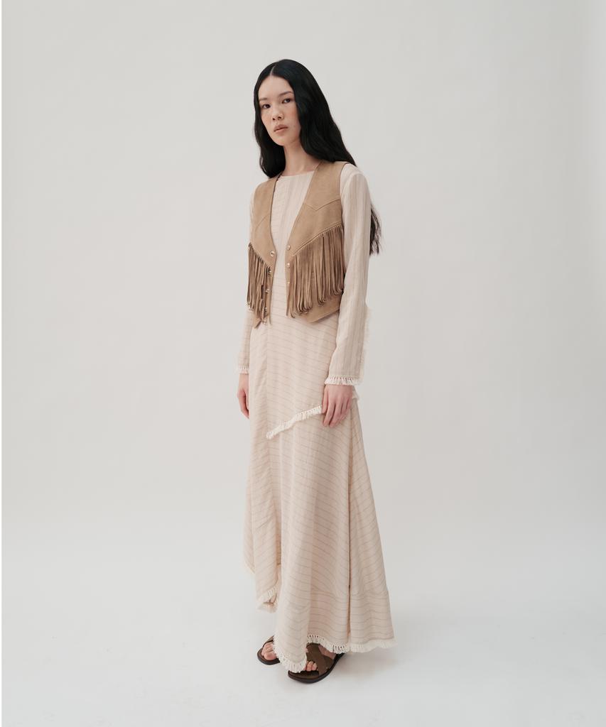 Bopeu Beina Fringe Maxi Dress (Beige Stripe)