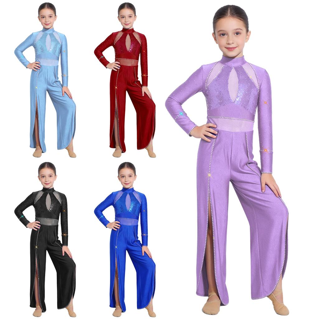 Shiny Rhinestone Mesh Patchwork Leotard for Girls Mock Neck Long Sleeve Back Zip Split Wide Leg Lyrical Dance Costume Jumpsuit