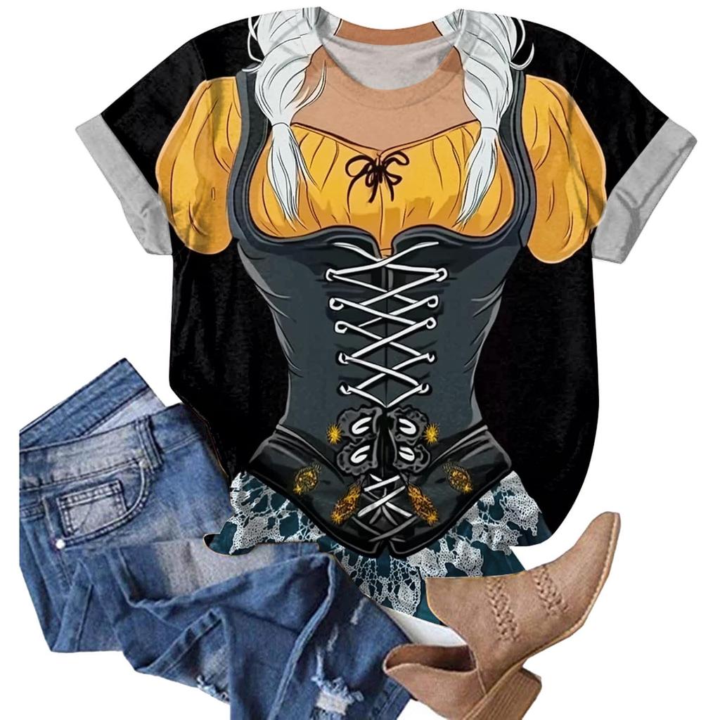 Women's Casual Pullover T-Shirt Oktoberfest Print Short Sleeve Crew Neck Top Lightweight Summer Tee