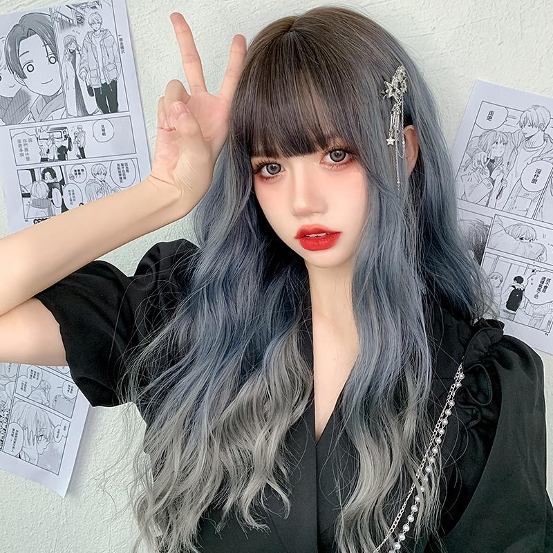 Довга хвиля синтетична перука з чубчиком Жіноча термостійка перука для косплею на кожен день з натуральним волоссям